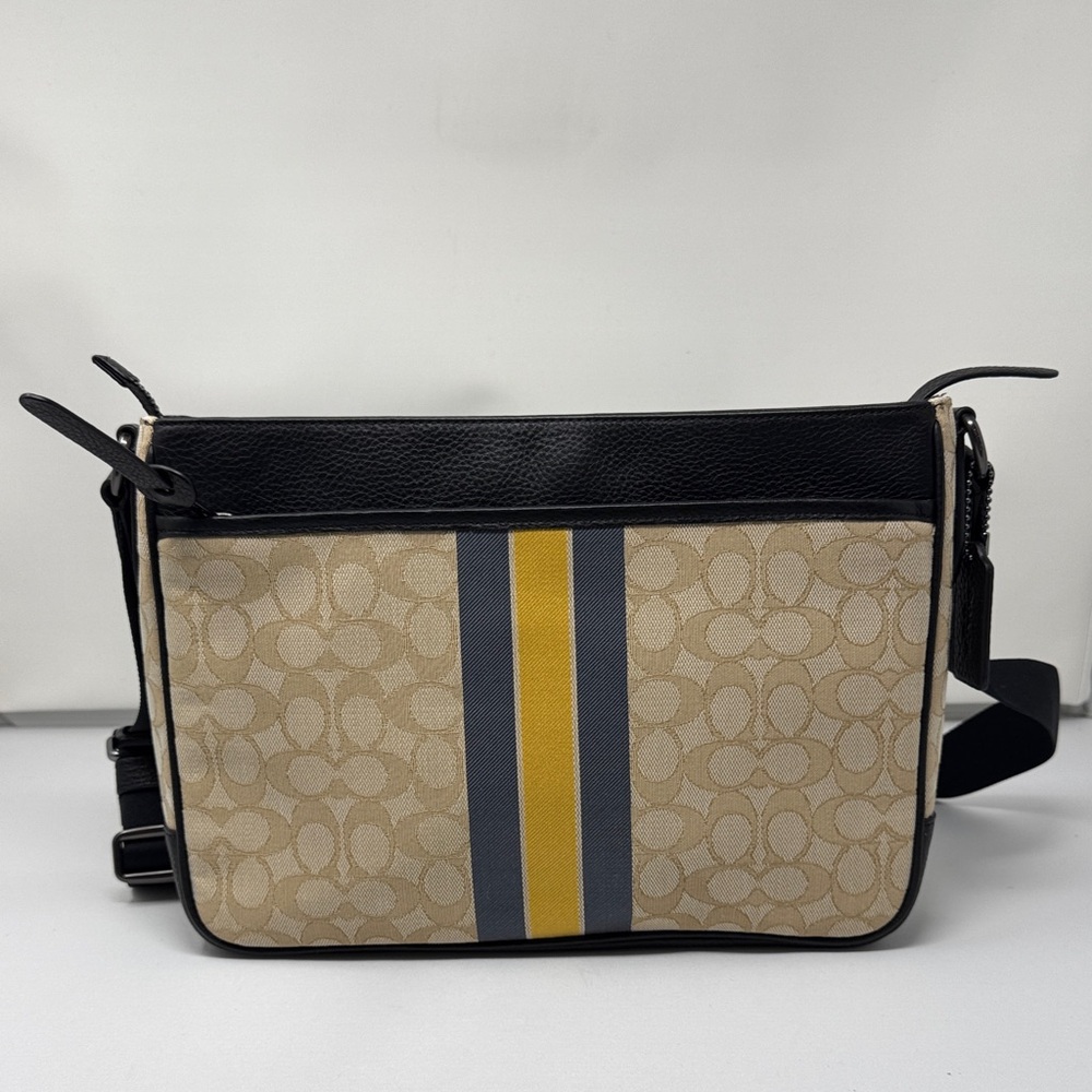 Coach Black and Tan Messenger Bag with Yellow Stripe ~ Unisex